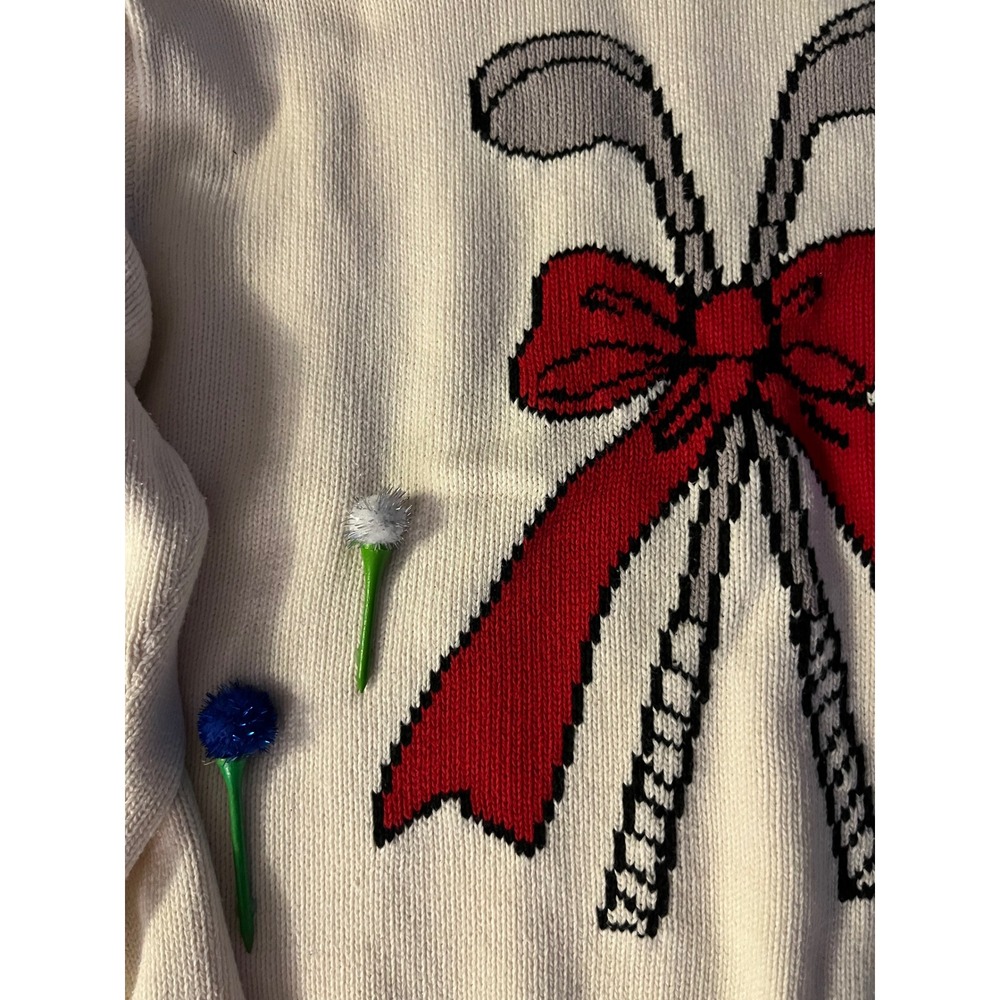 Liz Claiborne Liz Golf Vintage Cotton Sweater XL White Golf Clubs Bow Pom Poms